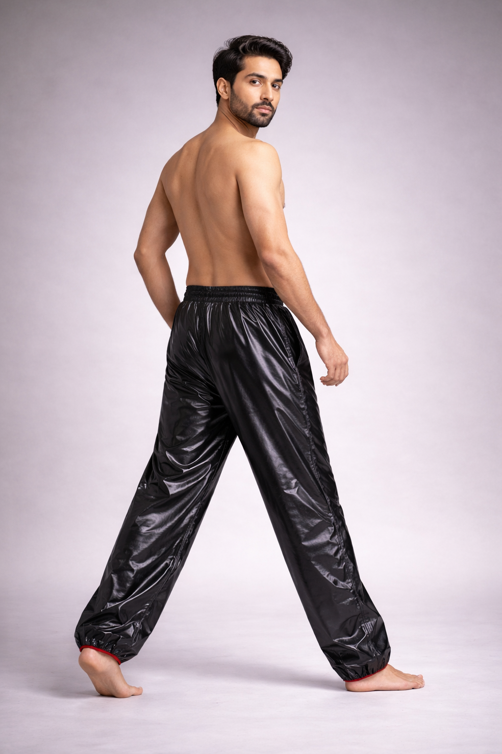 Men’s Black Shiny Nylon Pants  Lightweight Streetwear Bottoms