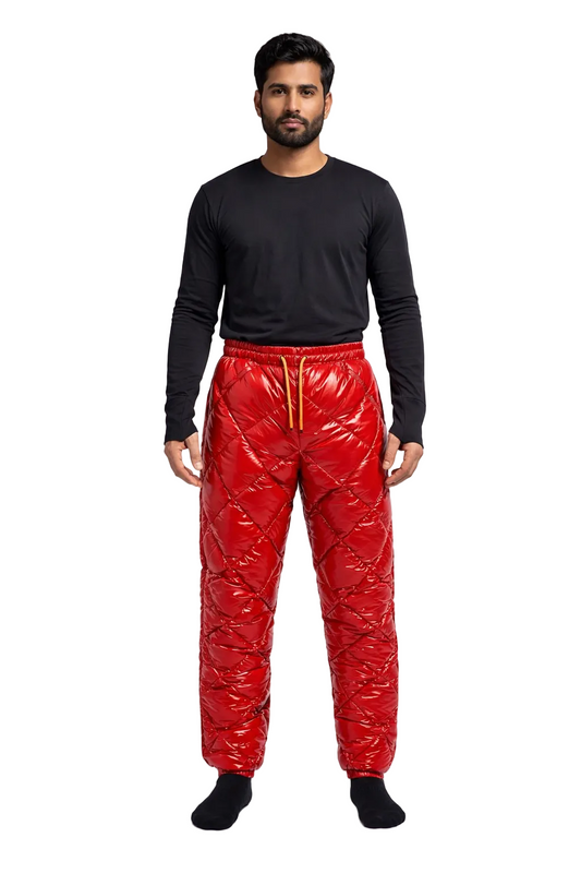 Glossy Red Quilted Nylon Puffer Pants  Insulated Winter Trousers