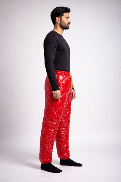 Glossy Red Quilted Nylon Puffer Pants  Insulated Winter Trousers