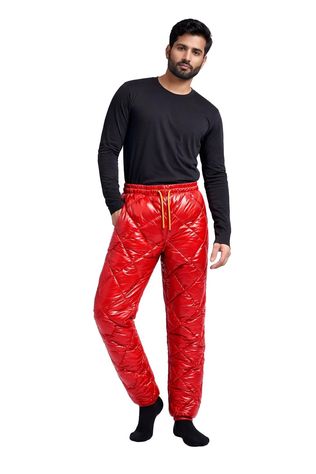 Glossy Red Quilted Nylon Puffer Pants  Insulated Winter Trousers