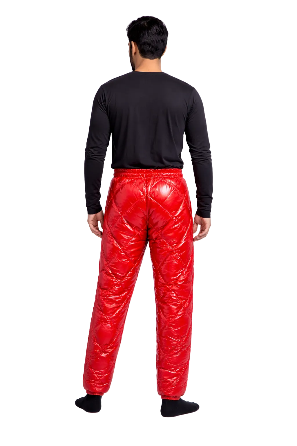 Glossy Red Quilted Nylon Puffer Pants  Insulated Winter Trousers