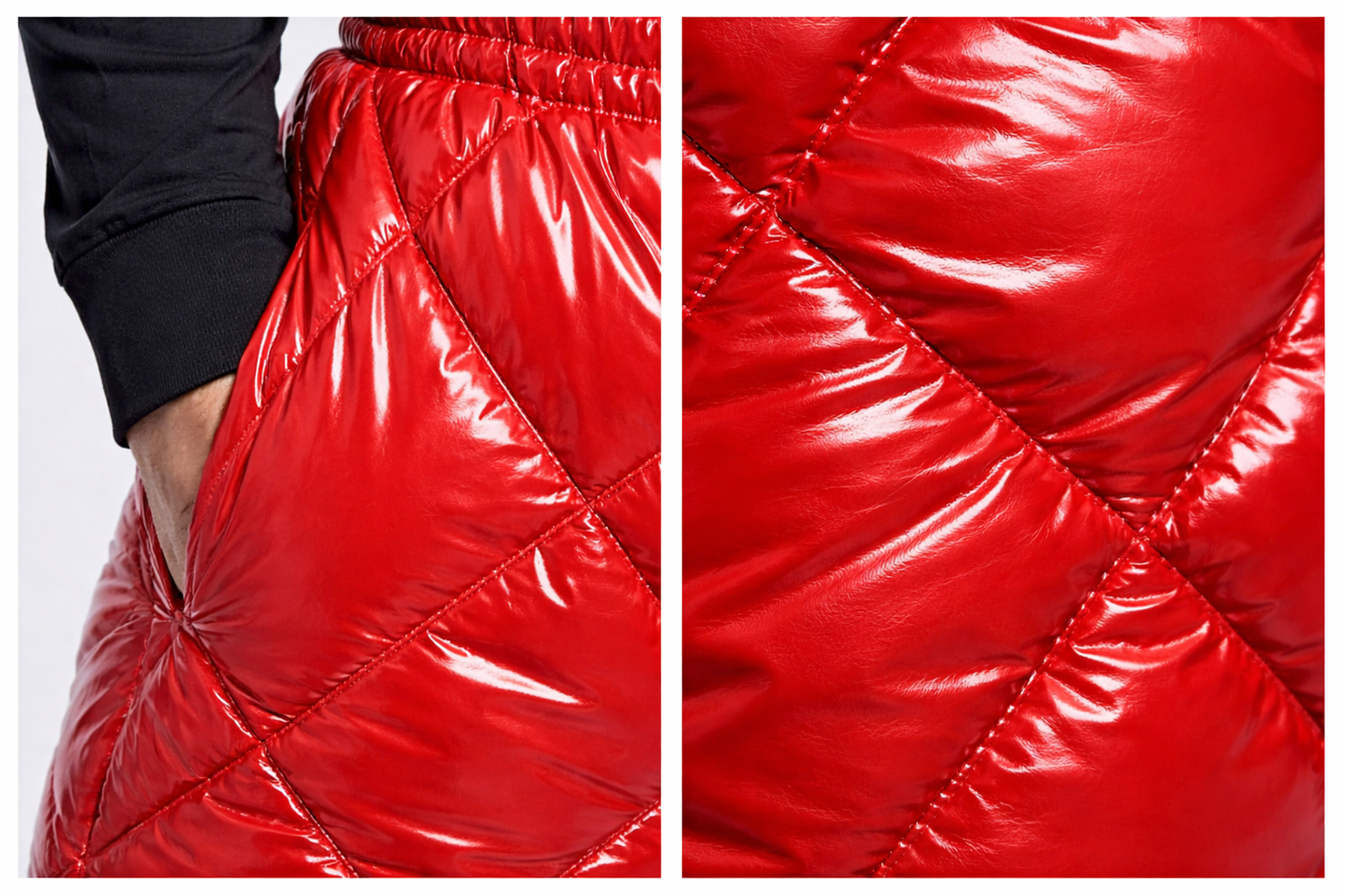 Glossy Red Quilted Nylon Puffer Pants  Insulated Winter Trousers