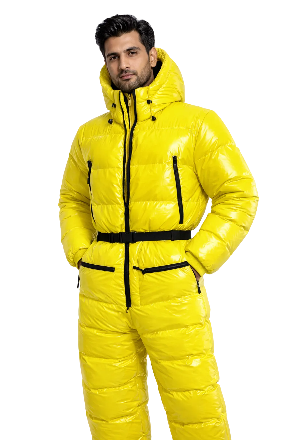 Bright Yellow Glossy Nylon Puffer Snowsuit  Insulated Winter Jumpsuit