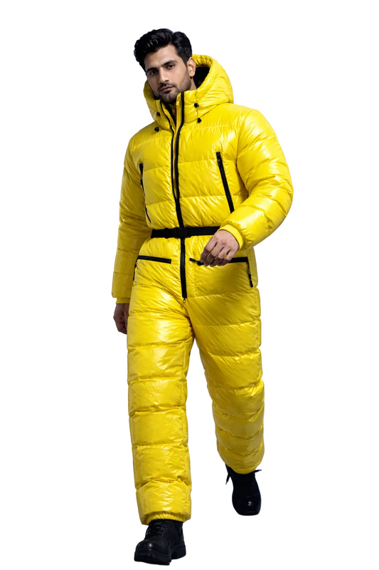 Bright Yellow Glossy Nylon Puffer Snowsuit  Insulated Winter Jumpsuit