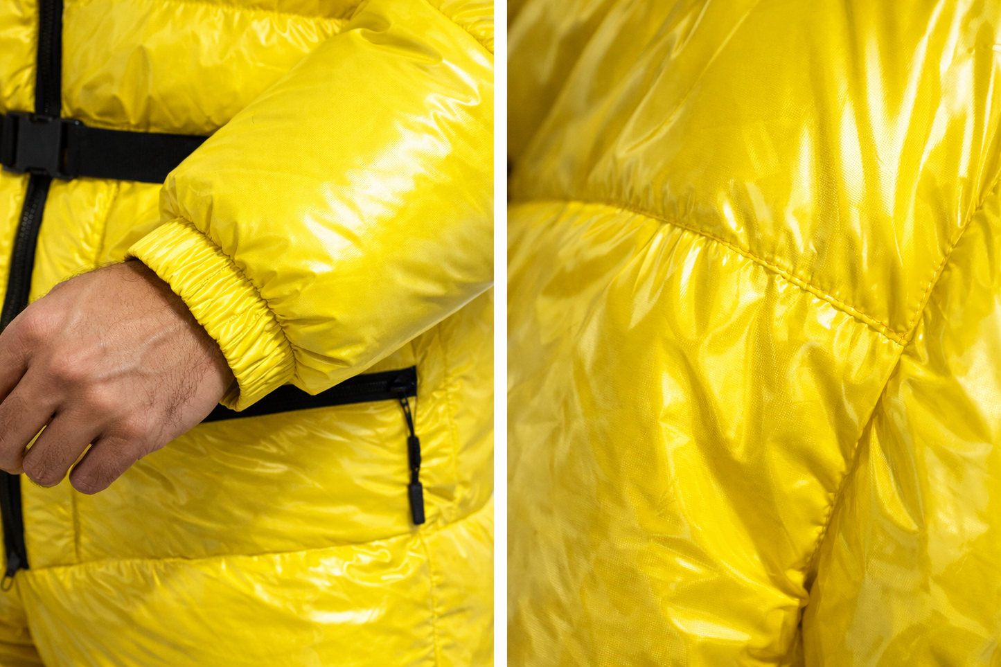 Bright Yellow Glossy Nylon Puffer Snowsuit  Insulated Winter Jumpsuit