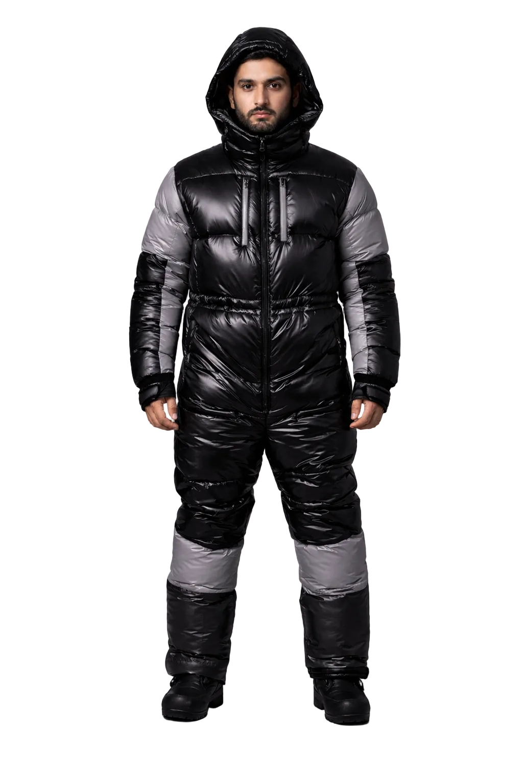 Black & Silver Glossy Nylon Puffer  Winter Ski Jumpsuit