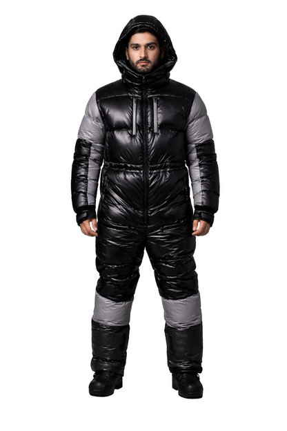 Black & Silver Glossy Nylon Puffer  Winter Ski Jumpsuit