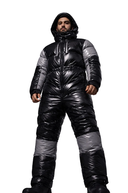 Black & Silver Glossy Nylon Puffer  Winter Ski Jumpsuit