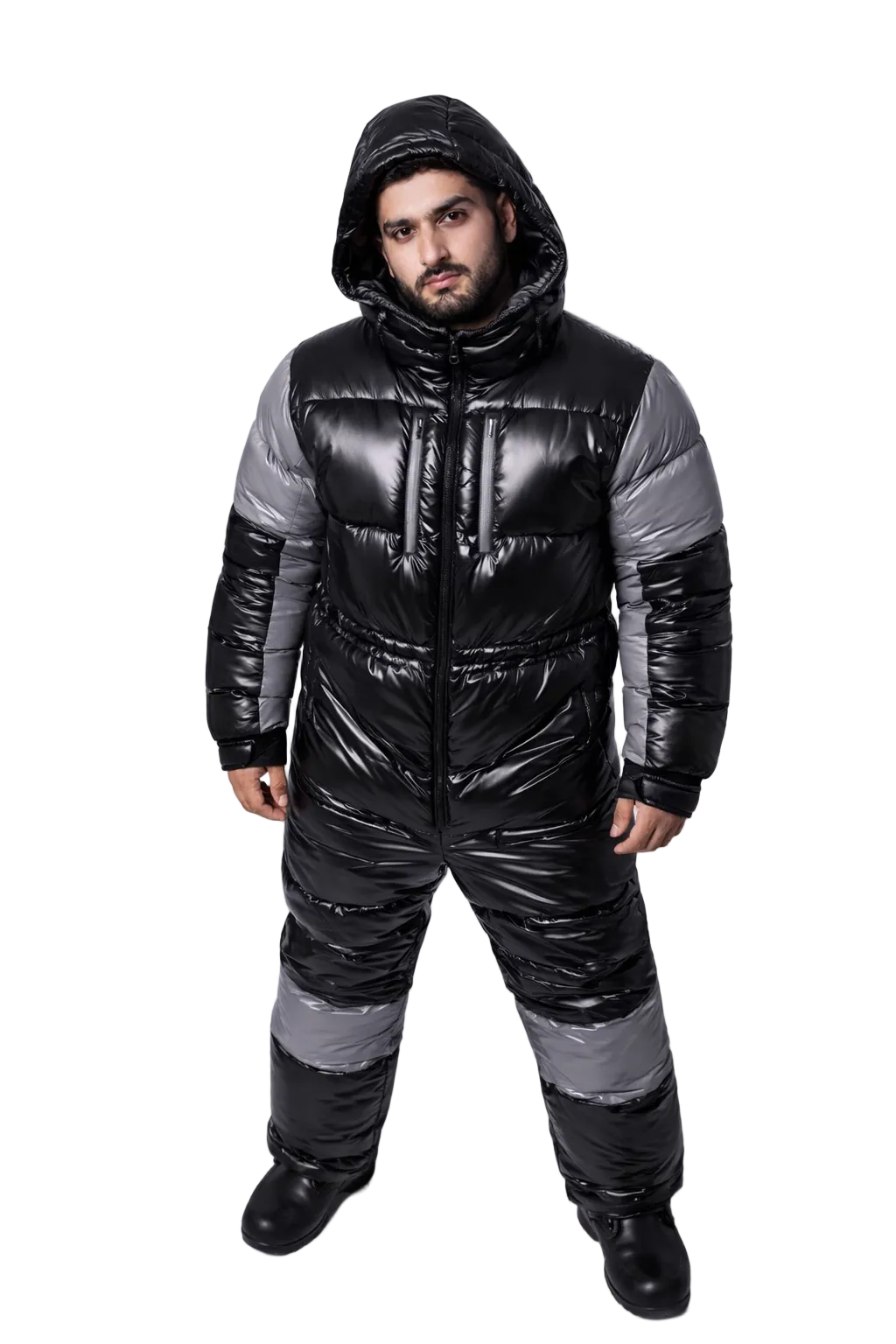 Black & Silver Glossy Nylon Puffer  Winter Ski Jumpsuit