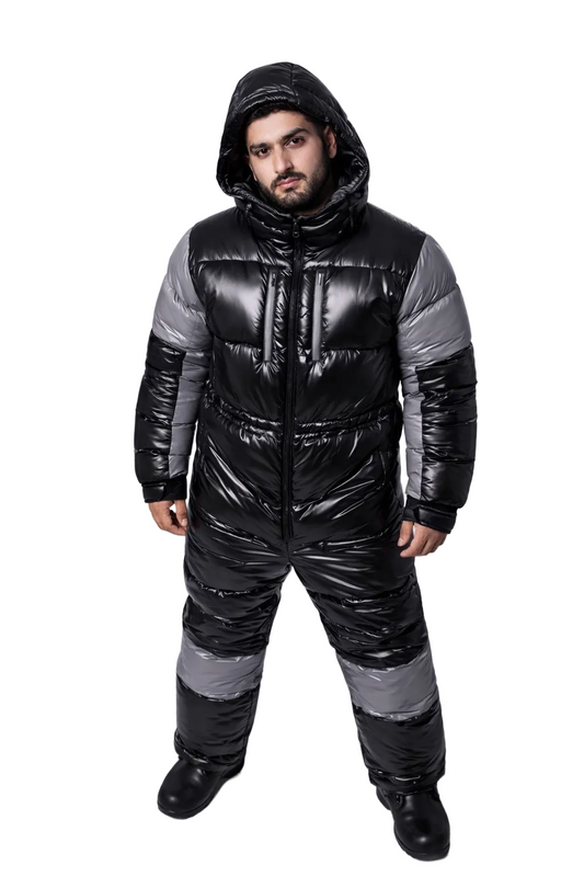 Black & Silver Glossy Nylon Puffer  Winter Ski Jumpsuit