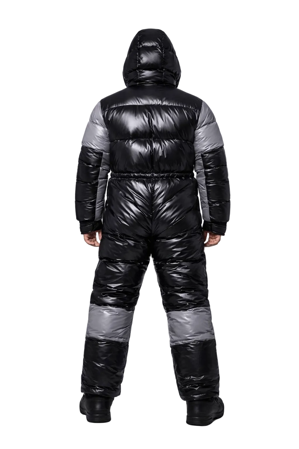 Black & Silver Glossy Nylon Puffer  Winter Ski Jumpsuit
