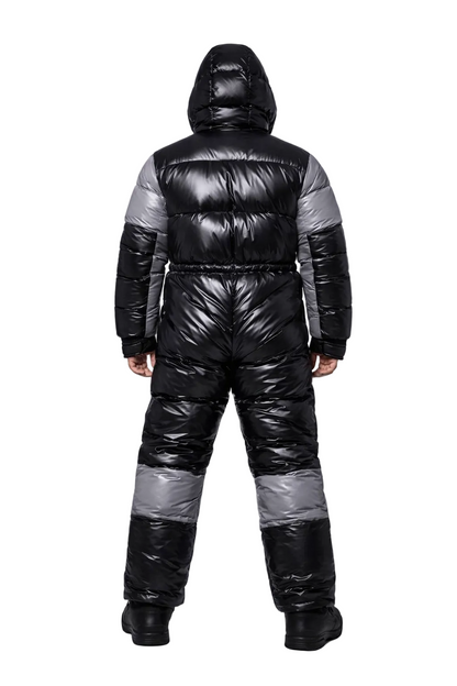 Black & Silver Glossy Nylon Puffer  Winter Ski Jumpsuit