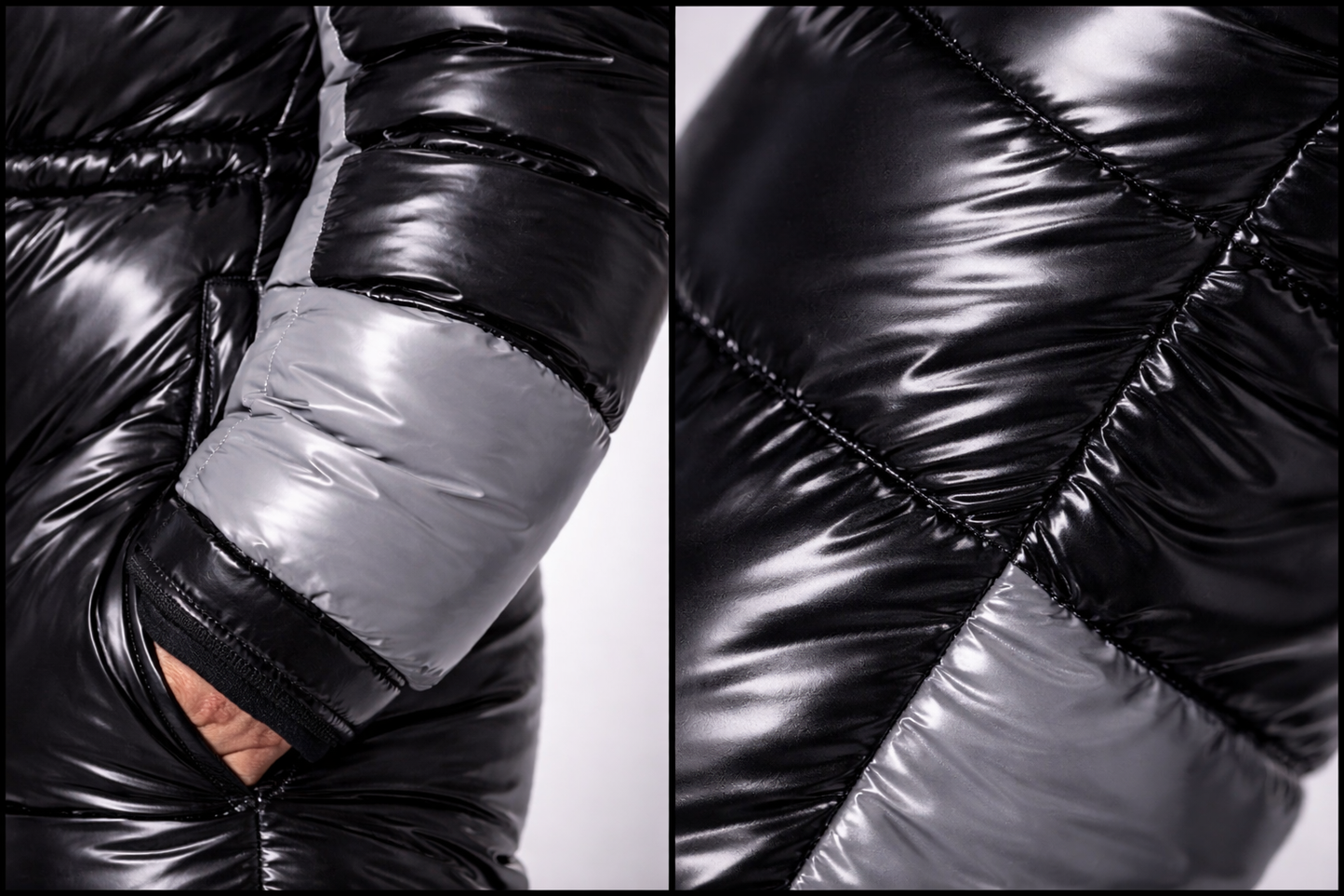 Black & Silver Glossy Nylon Puffer  Winter Ski Jumpsuit