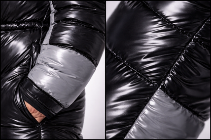 Black & Silver Glossy Nylon Puffer  Winter Ski Jumpsuit