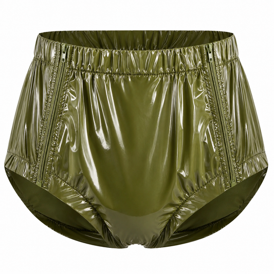 Men’s Olive Shiny Nylon Zipper Briefs