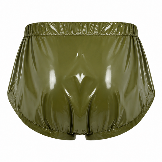 Men’s Olive Shiny Nylon Zipper Briefs