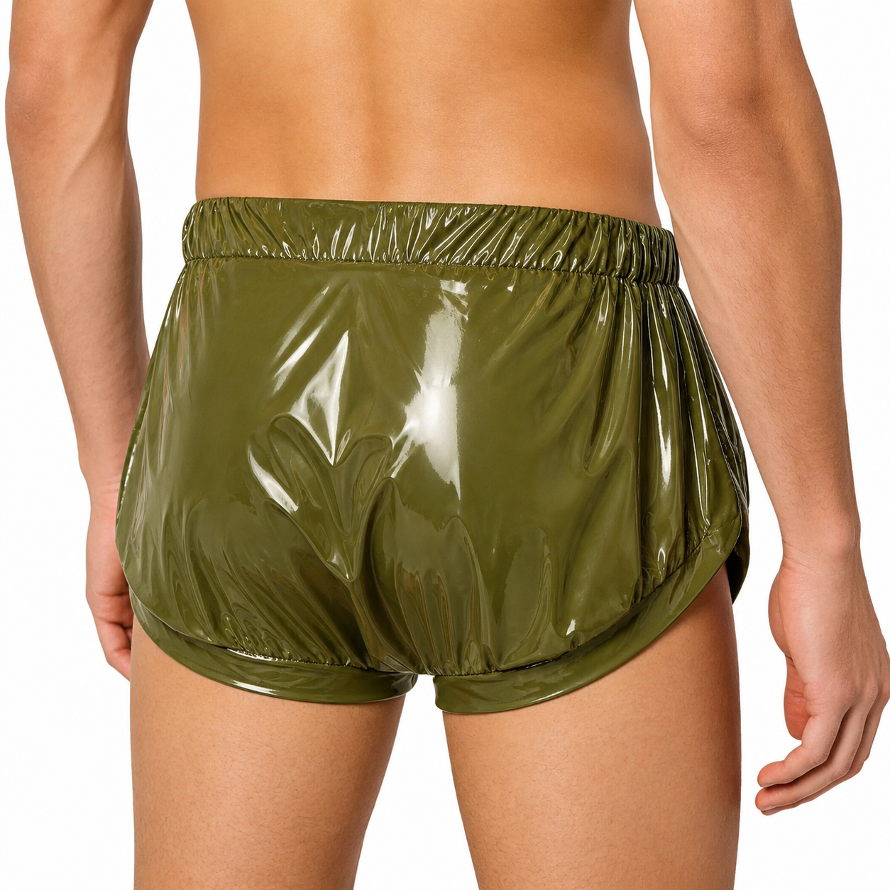 Men’s Olive Shiny Nylon Zipper Briefs