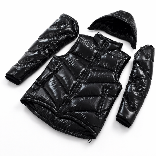 Black Shiny Nylon Modular Puffer Vest Detachable Sleeves & Hood