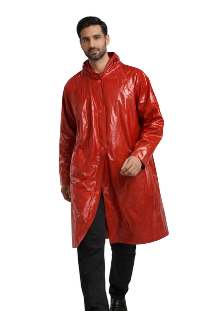 Red Shiny Nylon Long Hooded Raincoat Style Top