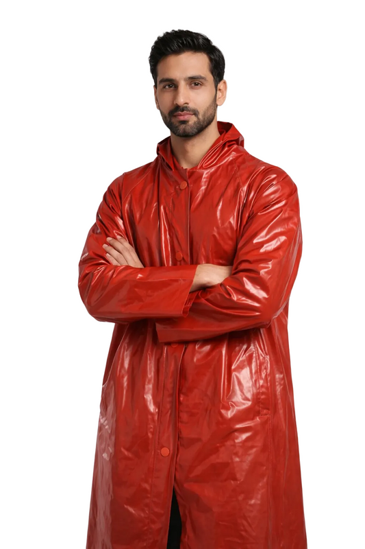 Red Shiny Nylon Long Hooded Raincoat Style Top