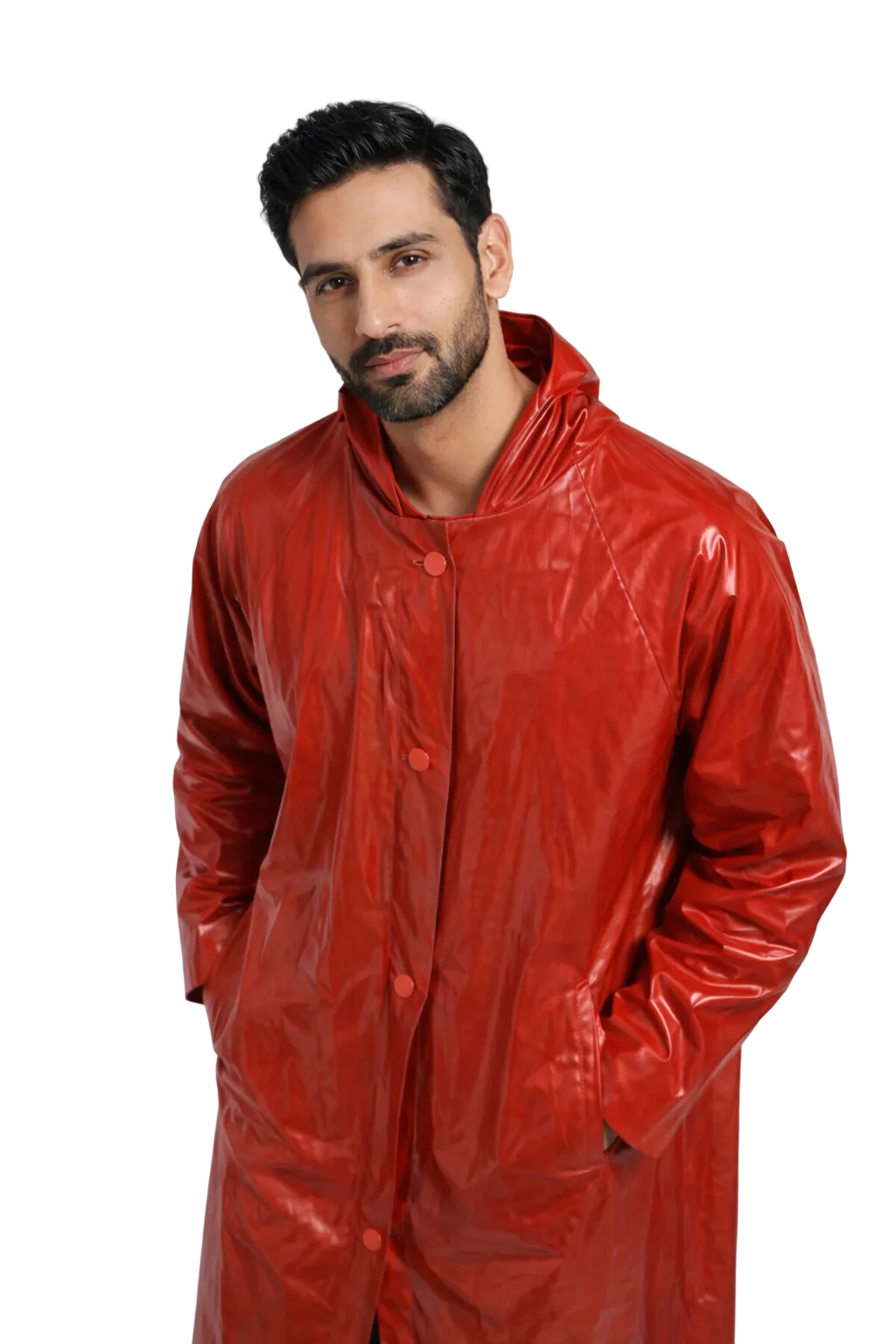Red Shiny Nylon Long Hooded Raincoat Style Top