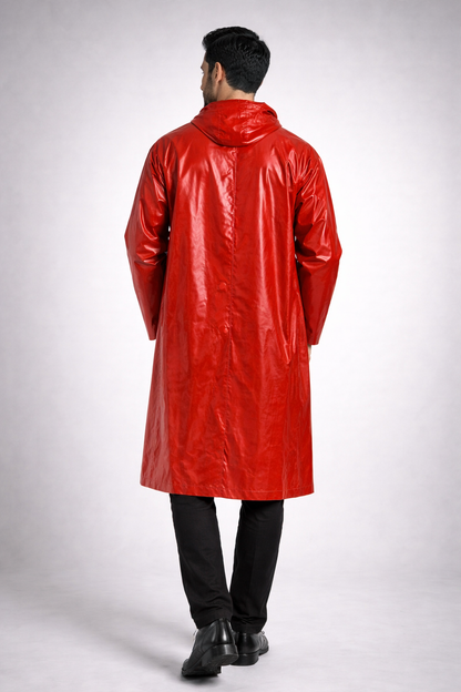 Red Shiny Nylon Long Hooded Raincoat Style Top