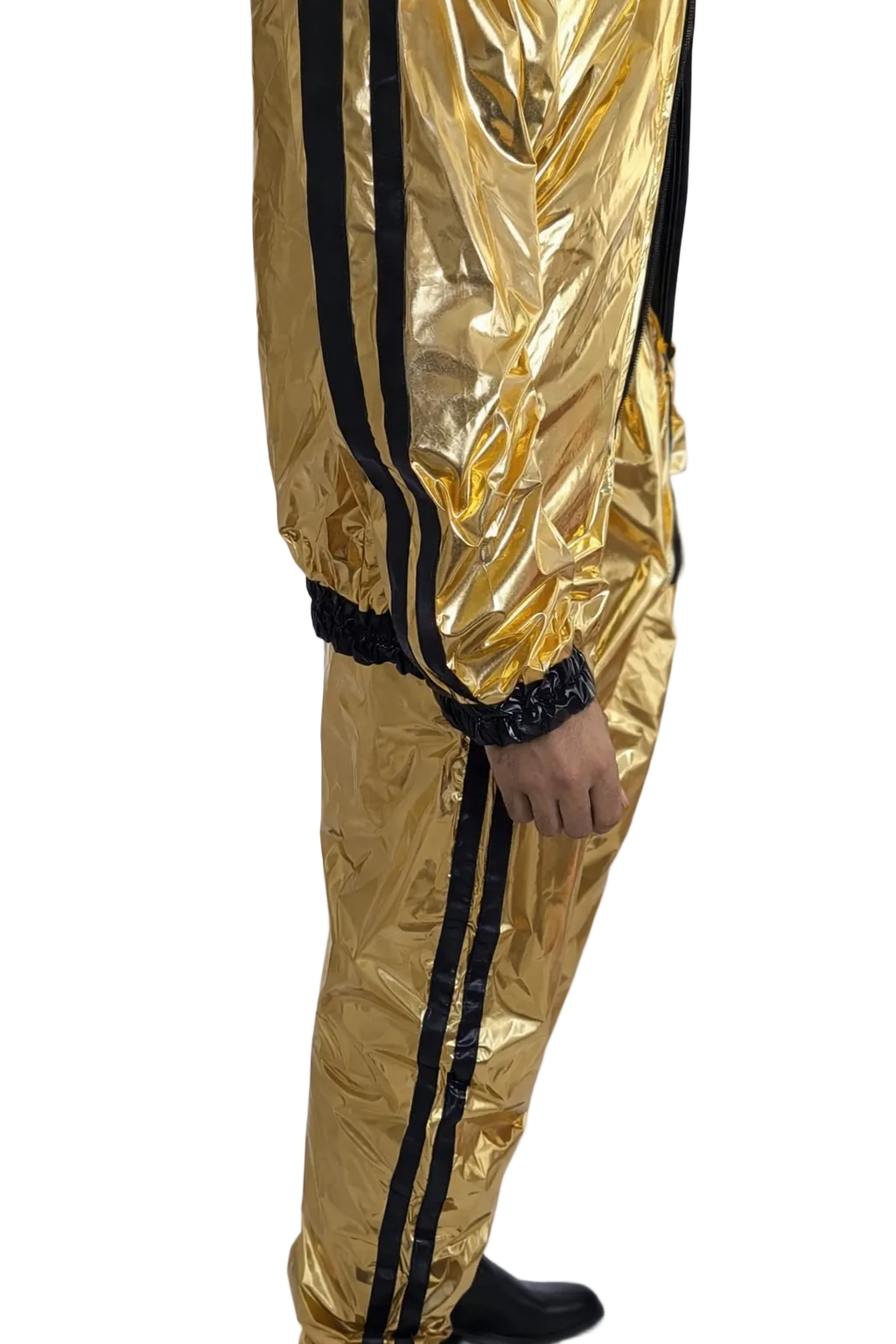 Metallic Gold Shiny Nylon Tracksuit with Black Stripes