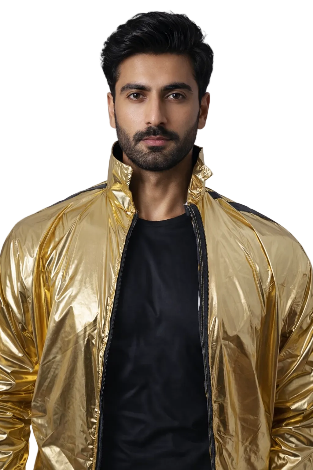 Metallic Gold Shiny Nylon Tracksuit with Black Stripes