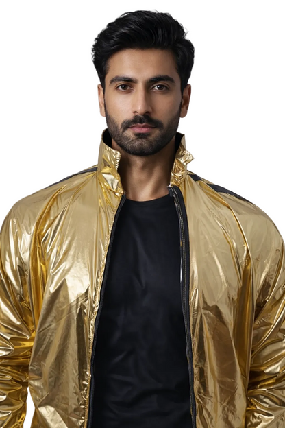 Metallic Gold Shiny Nylon Tracksuit with Black Stripes