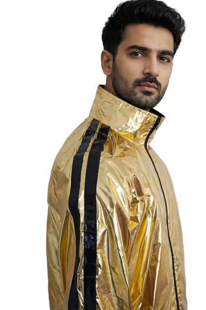 Metallic Gold Shiny Nylon Tracksuit with Black Stripes