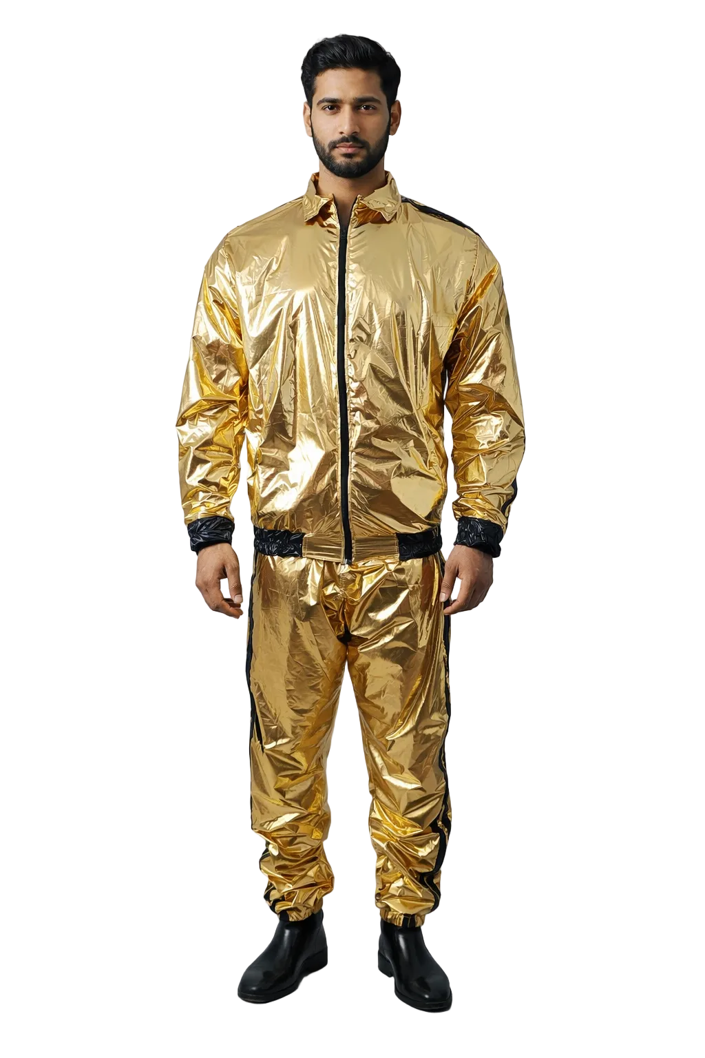 Metallic Gold Shiny Nylon Tracksuit with Black Stripes