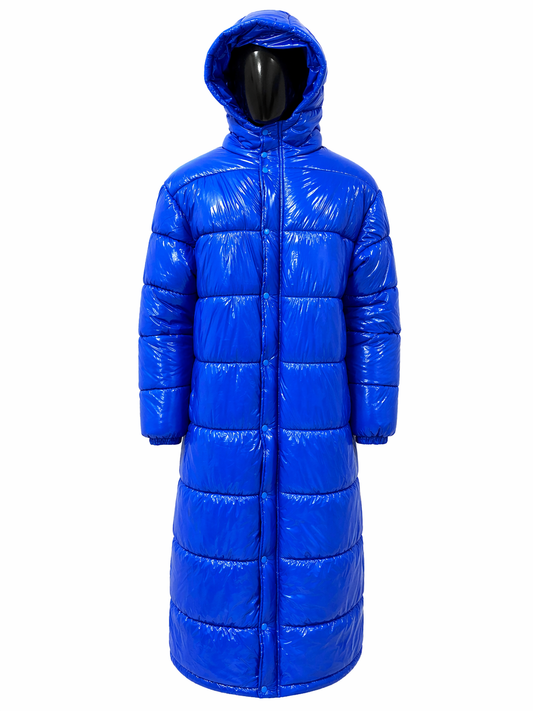 Men’s Cobalt Blue Long Shiny Puffer Coat Hooded Full Length