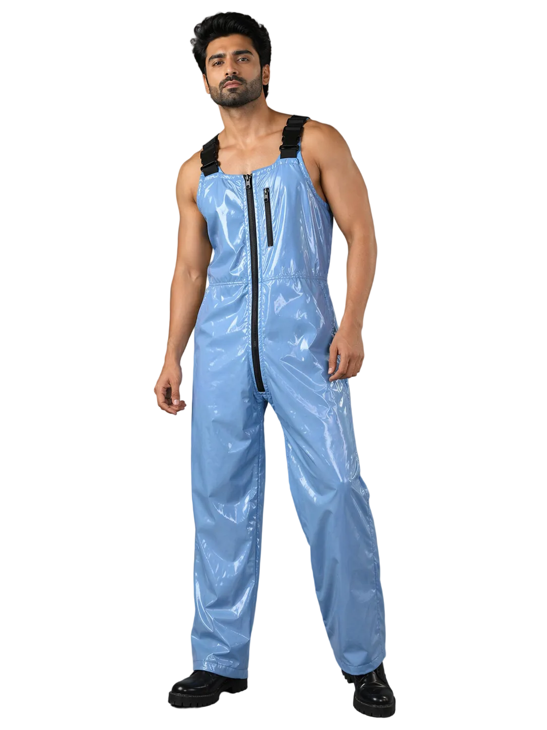 Men’s Sky Blue Shiny Nylon Ski Bib Overalls Glossy Lightweight
