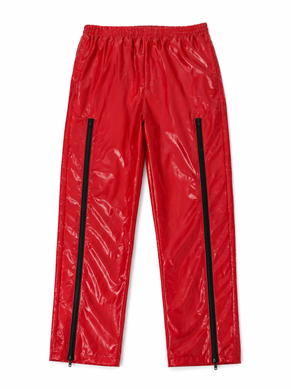 Bright Red Shiny Nylon Pants High Waist Zipper Streetwear Trousers