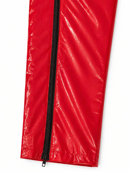 Bright Red Shiny Nylon Pants High Waist Zipper Streetwear Trousers