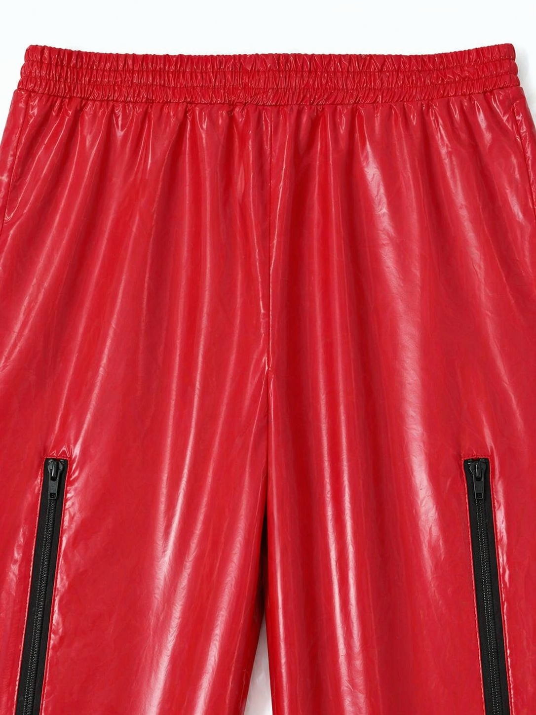 Bright Red Shiny Nylon Pants High Waist Zipper Streetwear Trousers