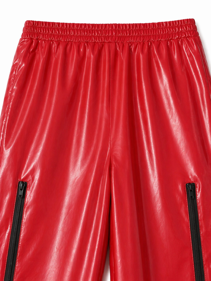 Bright Red Shiny Nylon Pants High Waist Zipper Streetwear Trousers