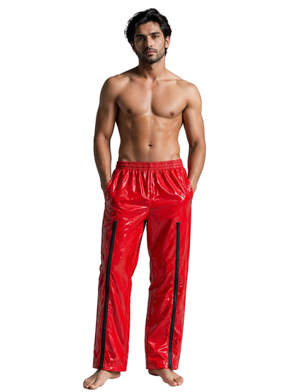Bright Red Shiny Nylon Pants High Waist Zipper Streetwear Trousers