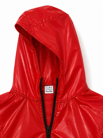 Shiny Red Nylon Hooded Romper Glossy Short Sleeve