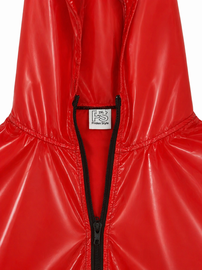 Shiny Red Nylon Hooded Romper Glossy Short Sleeve