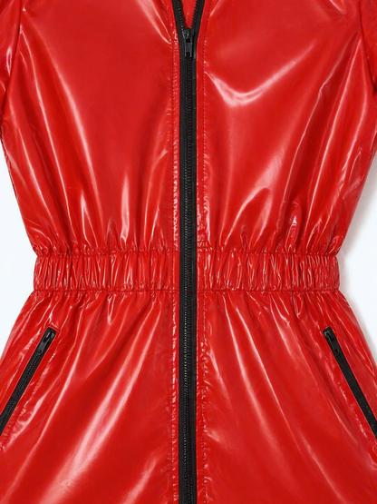 Shiny Red Nylon Hooded Romper Glossy Short Sleeve