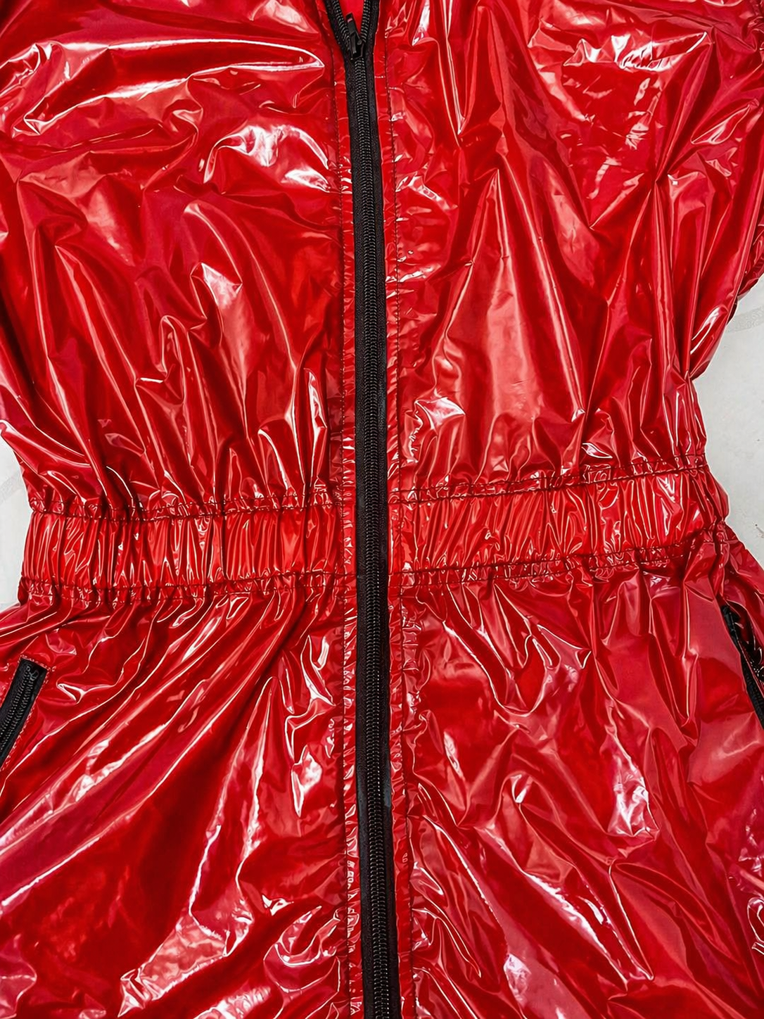 Shiny Red Nylon Hooded Romper Glossy Short Sleeve
