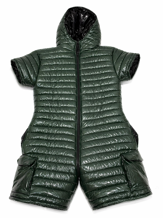 Dark Green Shiny Puffer Romper Glossy Short Sleeve Hooded  Cargo Pockets