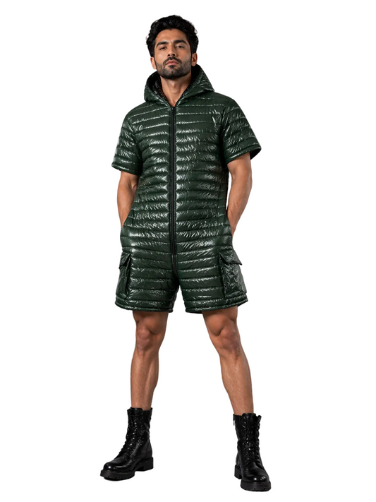 Dark Green Shiny Puffer Romper Glossy Short Sleeve Hooded  Cargo Pockets