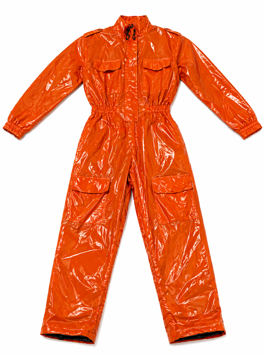 Men’s Orange Shiny Nylon Jumpsuit  Utility Cargo One-Piece Outfit