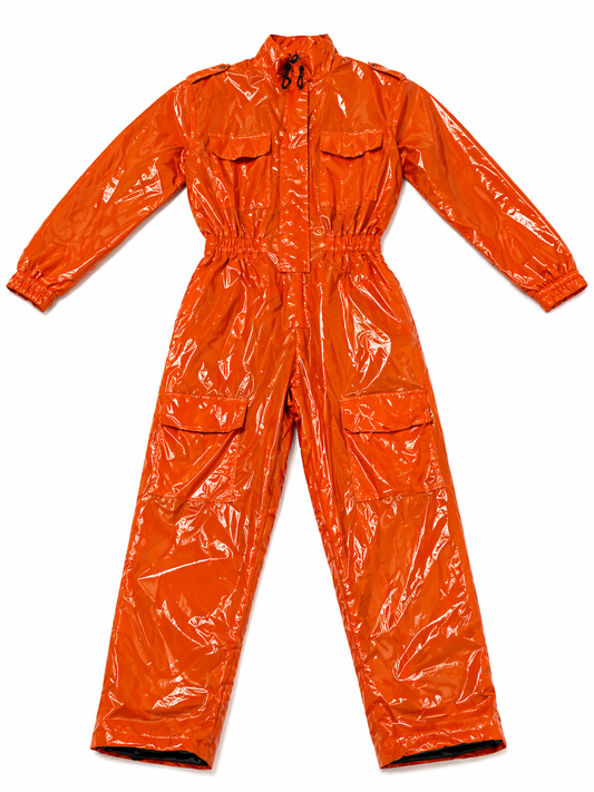 Men’s Orange Shiny Nylon Jumpsuit  Utility Cargo One-Piece Outfit