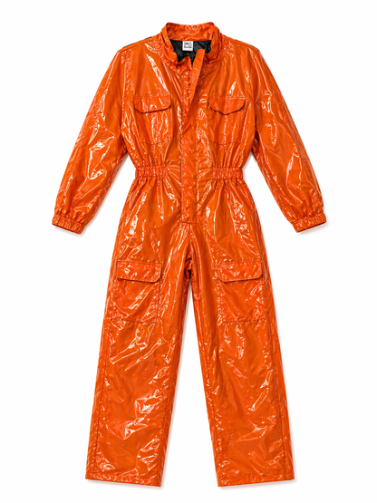 Men’s Orange Shiny Nylon Jumpsuit  Utility Cargo One-Piece Outfit