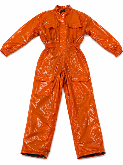 Men’s Orange Shiny Nylon Jumpsuit  Utility Cargo One-Piece Outfit
