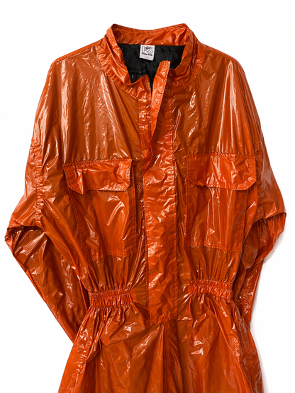 Men’s Orange Shiny Nylon Jumpsuit  Utility Cargo One-Piece Outfit