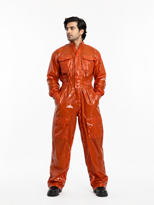 Men’s Orange Shiny Nylon Jumpsuit  Utility Cargo One-Piece Outfit